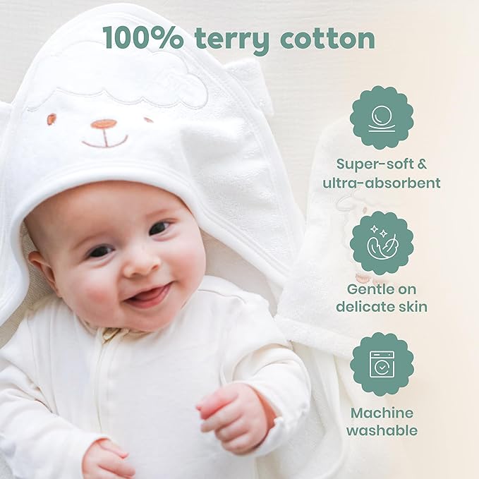 CuddleBug Premium Hooded Baby Bath Towel & Washcloth Set (Bear) - 100% Cotton Terrycloth Hooded Baby Towels for Newborn & Toddler - Super-Soft & Absorbent, Newborn Essentials (33" x 33") - White Lamb