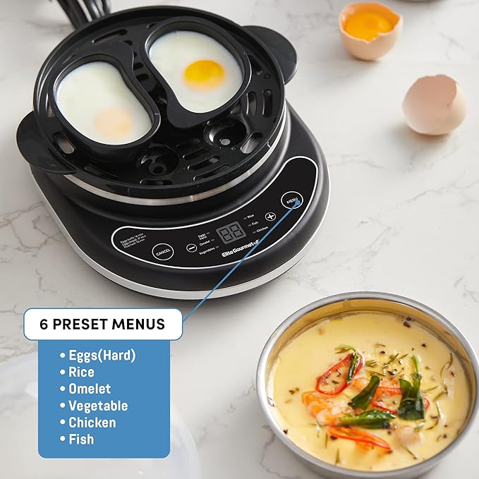 Elite Gourmet EGC314CB Digital Easy Egg Cooker Food Steamer, Poacher, Omelet, Soft, Medium, Hard-Boiled Egg with 6 Programmed Preset Functions, 2-Tiers, Measuring Cup, 14 egg capacity, Black