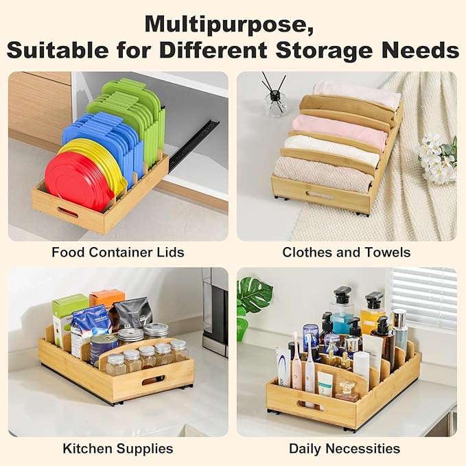 Housolution Pull Out Food Container Lid Organizer with Sliding Rail, Slide Out Plastic Lid Holder Compatible with Tupperware, Bamboo Storage Box with 5 Adjustable Dividers for Kitchen Cabinet, 2 Pack