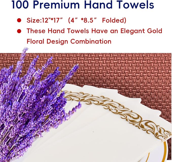 JOLLY CHEF 100 Disposable Hand Towels, Soft and Absorbent Linen Feel Dinner Napkin, Elegant Decorative Paper Guest Towels for Kitchen, Bathroom,Thanksgiving, Weddings,Parties, Gold and White