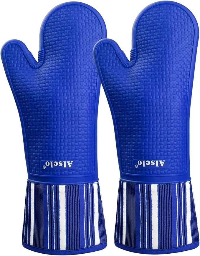 Alselo Oven Mitts Heat Resistant Silicone Kitchen Gloves for 550 Degrees with Waterproof and Non-Silp, Oven Gloves for Baking Cooking Barbecue Microwave Machine Washable (Extra Long Navy, 2)