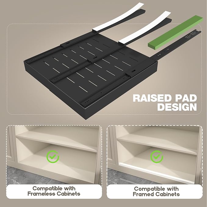 Seinloes 4 Pack Pull Out Cabinet Organizer 21" Deep,Full Extension 3 Slide Rails Slide Out Drawers With Raising Pad for Framed Cabinets,Expandable Width (12.3"-20.5"),No Drill Roll Out Shelves,Black