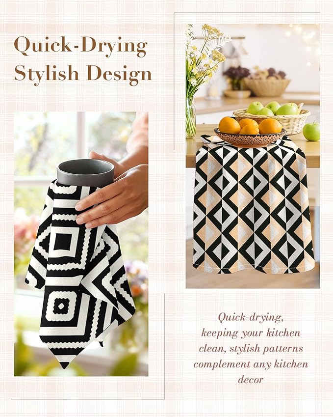 Miss Adola 2pcs Flour Sack Kitchen Towels - 18"x 26" Cotton Kitchen Hand Towels with Hanging Loop Reusable Geometric Beige and Black Modern Tea Towel Absorbent Dishcloths Home Decor, Modern Geometric
