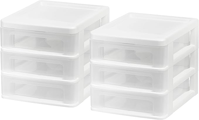 IRIS USA Plastic Stacking Desk Top 3-Drawer Storage Organizer, 2-Pack, for Makeup Vanity Nail Polish Bathroom Stationery Art Craft Supplies Kitchen Office Garage and Small Organization, Small, White