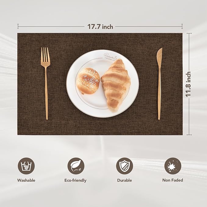 BALCONY & FALCON Faux Linen Placemats Set of 4 Washable Place Mats Heat Resistant Table Mats for Restaurant Dining Christmas Thanksgiving Party Indoor Outdoor （Brown, 17.7x11.8 in, 4PCS