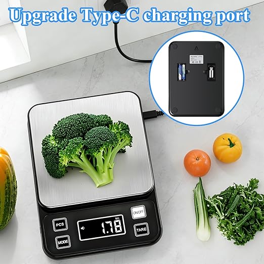 Full Waterproof Digital Scale IP67,5kg Capacity 0.1g Accuracy Kitchen Scale with Type-C Charging Tare Function Stainless Steel Platform for Baking Seafood Food Processing Hardware Counting