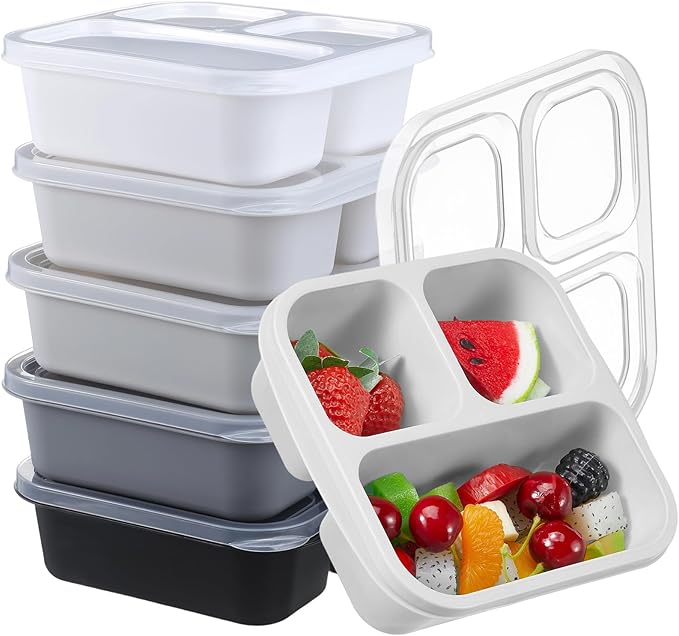 Honeydak 5 Pack Snack Containers 3 Compartment Bento Snack Boxes Divided Meal Prep Containers with Lids Reusable Adults Lunch Food Storage Box for School Work Travel(Black and White Ombre)