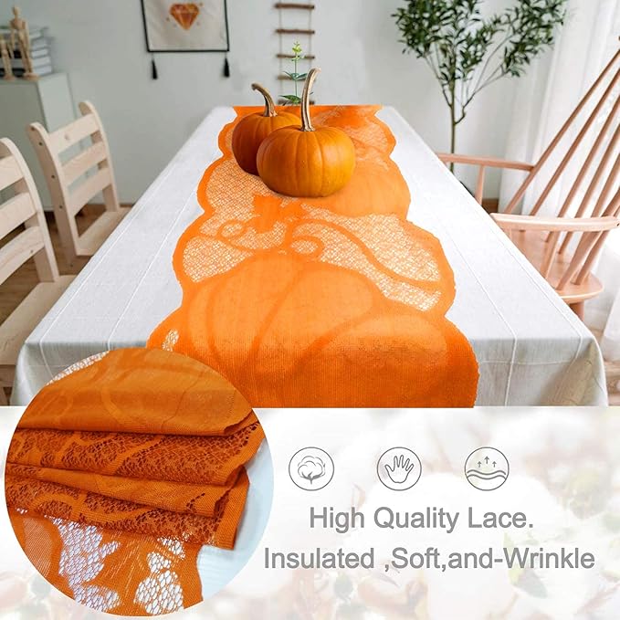 Fall Table Runner Thanksgiving Decorations 13 x 72 Inch Maples Leaves Table Runner Autumn Harvest Orange Lace Pumpkin Runner Long Fall Dinner Table Decor Thanksgiving Decorations for Tables (Orange)