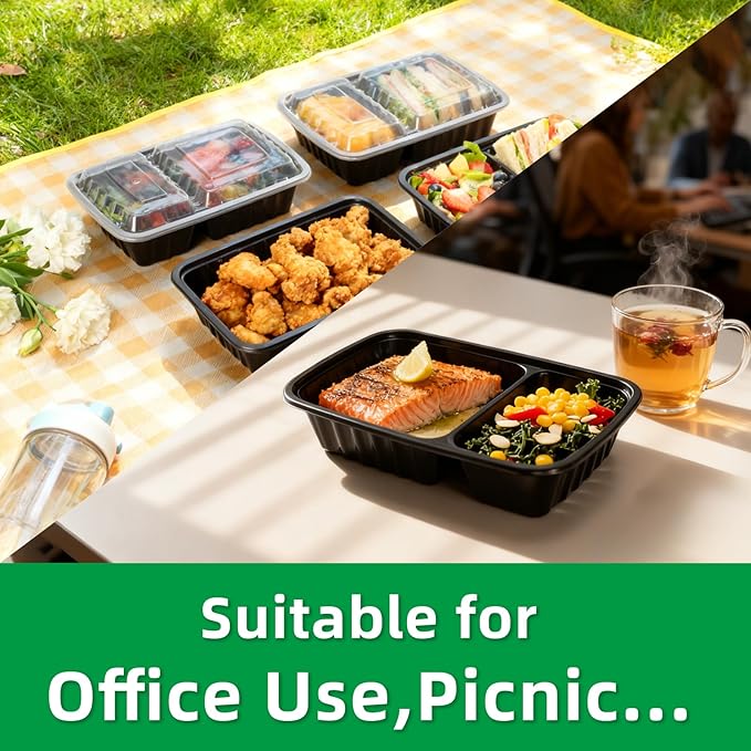 Meal Prep Containers 2 Compartment 50 Pack, 28 oz Divided Reusable Food Storage Containers with Lids Takeout Food Storage Black, Microwave Dishwasher Freezer Safe, Stackable, BPA Free
