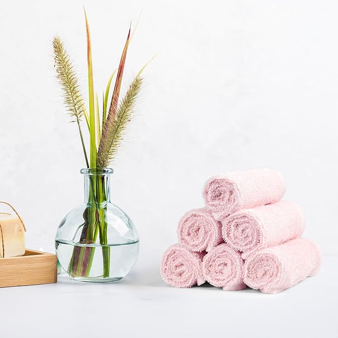 Amazon Basics Highly Absorbent, Fast Drying 100% Cotton Washcloths for Bathroom and Face, Machine Washable, 12 x 12 in, Petal Pink, Lavender, White, 24-Pack
