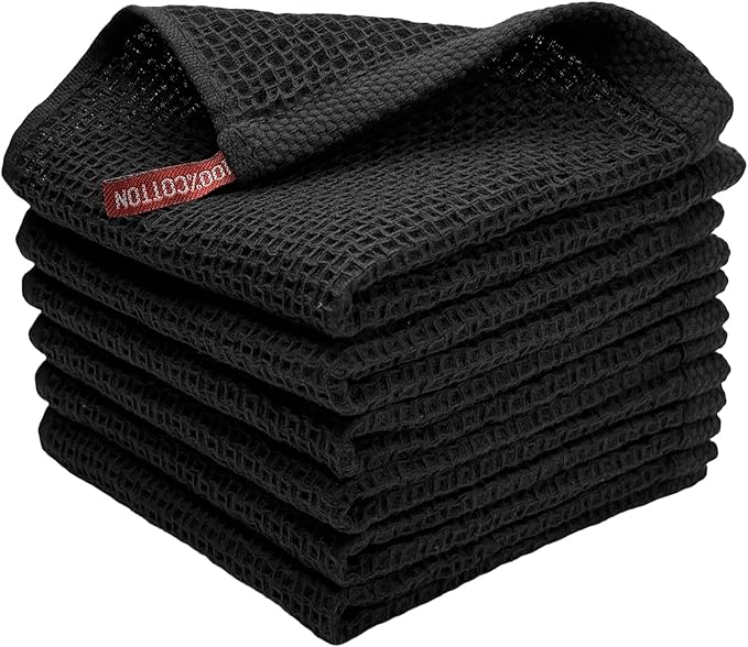 100% Cotton Waffle Weave Kitchen Towels, 6 Pack Dish Cloths for Washing Dishes, Ultra Soft Absorbent Dish Towels, Quick Drying Kitchen Rags, 12x12 Inches, Black