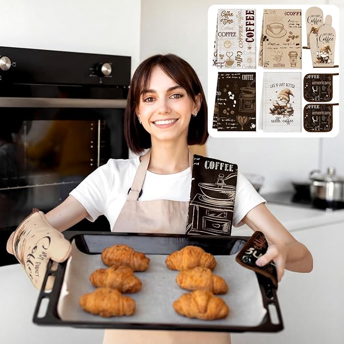 Fourluoo 8 Pcs Farmhouse Kitchen Decor and Accessories Set 4 Kitchen Dish Towels 2 Oven Mitt 2 Pot Holders for Christmas Cooking Baking Daughter Mom Gift Decor (Brown,Gnome)