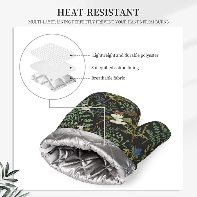 Botanical Print Floral Oven Mitts Pot Holders Farmhouse Cooking Apron Set of 5 Silicone Black Sage Green Botanical Print Kitchen Glove Apron Non-Slip Heat Resistant for Chef Baking Cooking