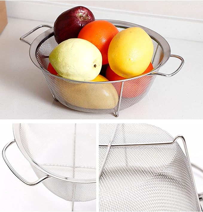 AJIODA Stainless Steel Mesh Colander Strainer Basket, 2.5 Quart Fine Mesh Net Colander with Heavy Duty Handles & Wide Rim & Resting Feet for Strain, Drain, Rinse, Fry, Steam or Cook Vegetables & Pasta