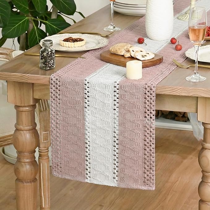 Artoid Mode Pink Farmhouse Rustic Table Runner, Seasonal Hollow Kitchen Dining Table Decoration for Home Party Decor 12x90 Inch