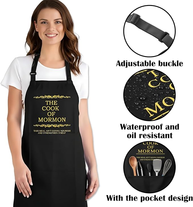 Cook of Mormon LDS Apron – Waterproof, Adjustable Neck Strap, Large Pocket, Funny Kitchen Apron for BBQ or Home Use