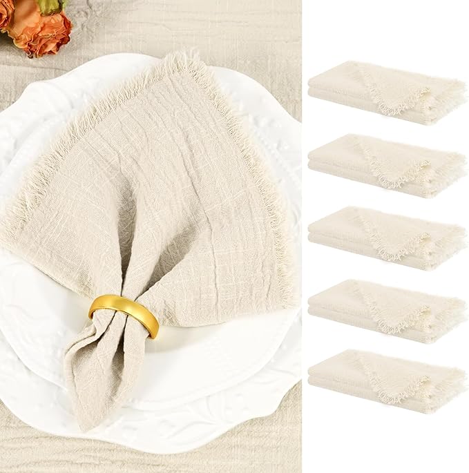 Showgeous 10 Pack Natural Cloth Napkins with Fringe 16x16 inch 100% Cotton Napkins Handmade Dinner Napkins Bulk Washable Soft Rustic Table Napkins for Wedding Parties Bridal Baby Shower