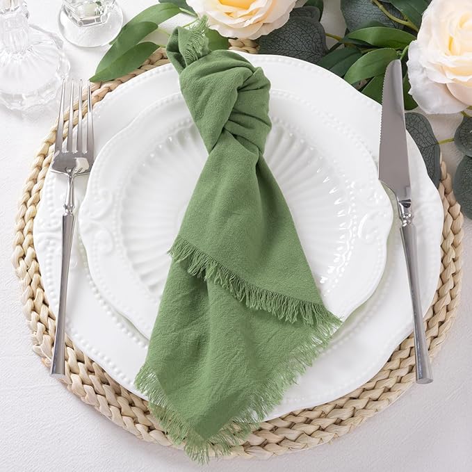 DeZerlor 6 Pack Sage Green Cotton Linen Napkins with Fringe Spring Cloth Napkins Set of 6 Boho Handmade Dinner Napkins Bulk for Wedding Bridal Baby Shower Parties, 17 x 17 Inches