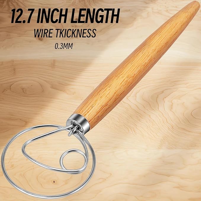 TEEVEA Danish Dough Whisk for Bread Sourdough, Wooden Handle & Stainless Steel Hook
