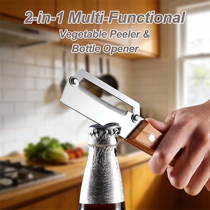 2PCS Premium Vegetable Peeler with Wooden Handle and Bottle Opener, Multi-Functional Vegetable Peeler, Stainless Steel Blade Kitchen Tool for Fruit