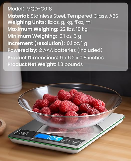 Nicewell Food Scale Digital Weight Grams and oz, 22lb Kitchen Scale for Cooking Baking, 1g/0.1oz Precise Graduation, Sleek Tempered Glass Platform