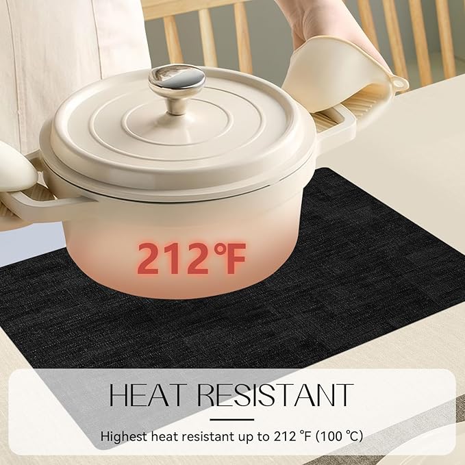 Romanstile Vinyl Placemats Set of 6-12x17 Inch, Reversible Waterproof Washable Non Slip Table Mats, Faux Leather Heat Resistant Wipeable Table Placemats for Dining/Party/Indoor/Outdoor, Black