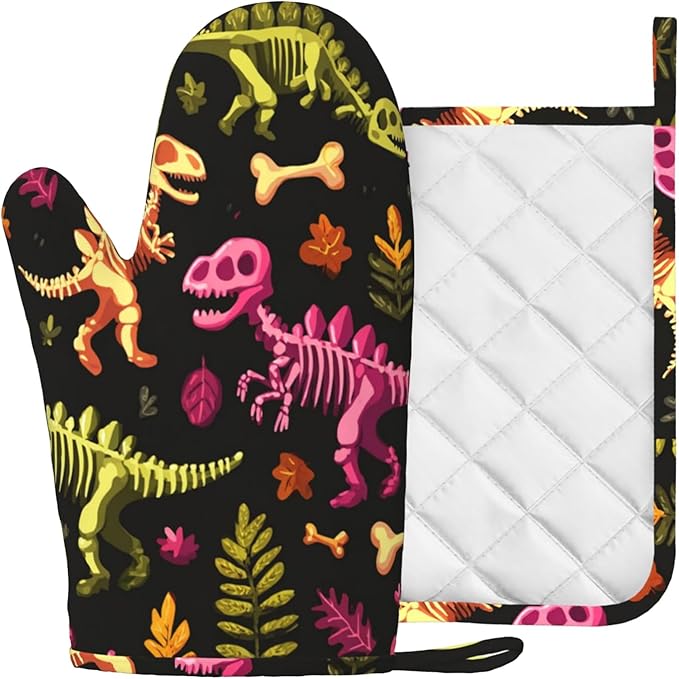Dinosaur Skeleton Oven Mitts and Pot Holders Sets Non-Slip Silicone Surface for BBQ Gloves,Kitchen,Cooking,Baking,Grilling