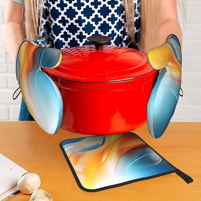 Burnt Orange Blue Abstract Fluid Oven Mitts and Pot Holders Sets of 3, Heat Resistant Non-Slip Boho Modern Kitchen Gloves Gift for Cooking Lover, Stylish Kitchen Decor for Baking BBQ Cooking Grilling