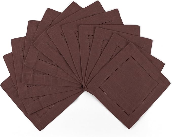 FINGERCRAFT Cocktail Napkins 6 x 6 Inch Premium Quality Cotton, Generous Hemstitch and Mitered Corner Set of 12 Coaster Cloth Chocolate