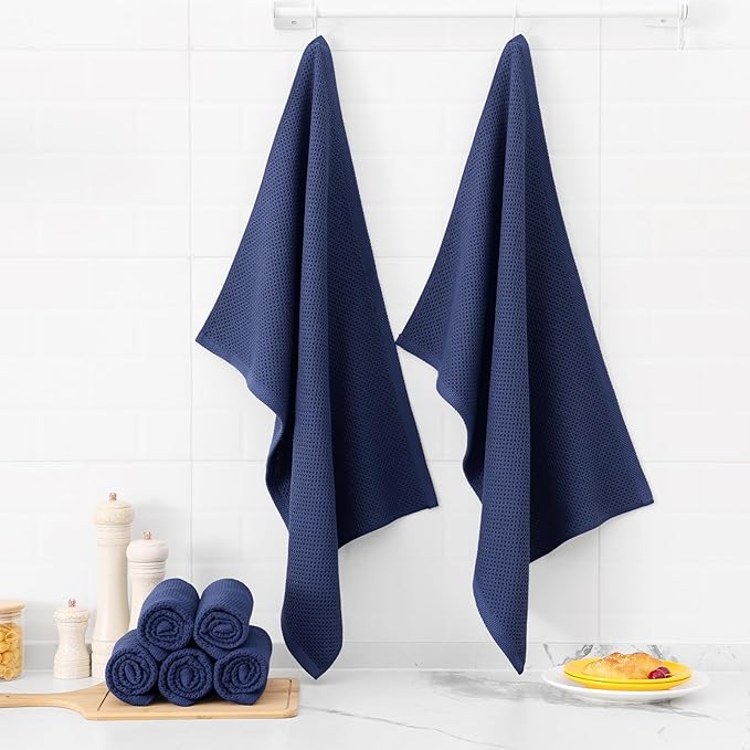 Kitinjoy 100% Cotton Waffle Weave Kitchen Towels (20 X 28 Inches, Navy Blue), 4-Pack Super Soft and Absorbent Dish Towel for Drying Dishes