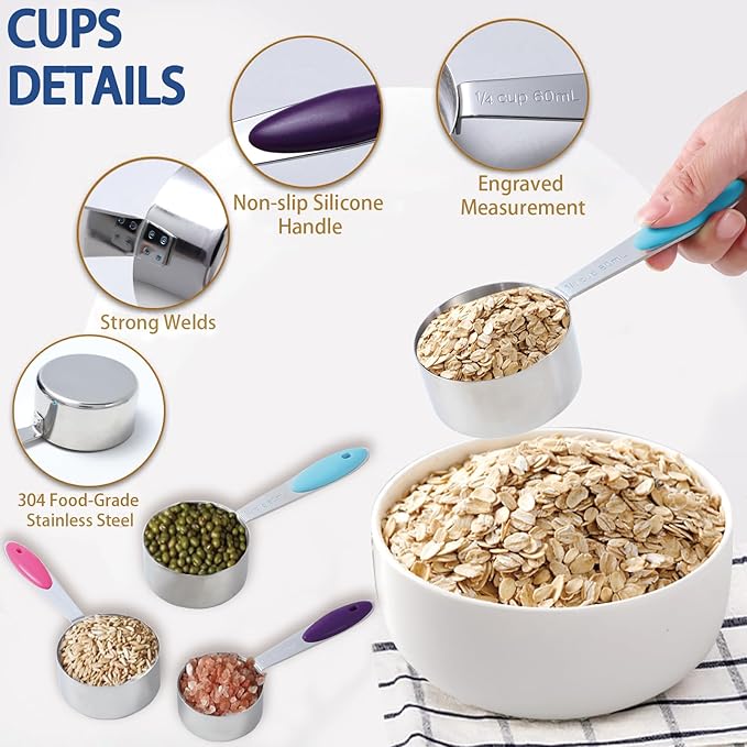 12 PCS Measuring Cups and Spoons Set Stainless Steel, 5 Measuring Cups with Colorful Silicone Handle and 6 Double-Sided Magnetic Measuring Spoons & 1 Leveler for Cooking and Baking (5+6+1)