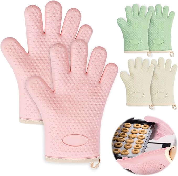 3 Pairs Silicone Oven Mitts Set, Heat Resistant Oven Glove with Soft Cotton Lining, Waterproof Non-Slip Kitchen Mittens for Men Women Grilling Cooking Baking