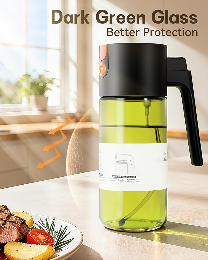 OURCABECUE Upgrade 2 in 1 Oil Sprayer for Cooking, 17oz Light-Blocking Glass Olive Oil Dispenser Bottle for Kitchen,Food-Grade Oil Mister with 8 Stickers(2PCS)