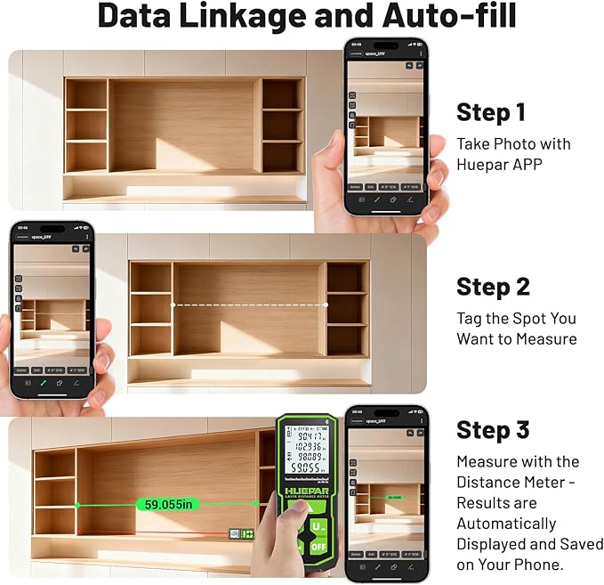 Laser Measuring Tool with Bluetooth APP, 200ft, ±1/16" High Accuracy, Huepar Rechargeable Green Beam Laser Distance Meter Multiple Measurement Modes, IP54 Durable for Home & Construction