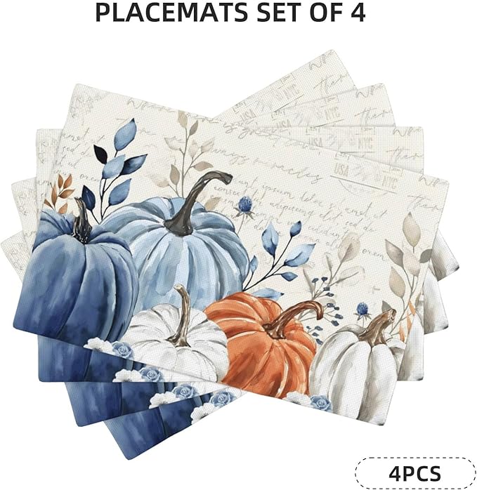 Fall Placemats Set of 4 Blue Orange Pumpkin Leaves Decor Place Mats 12x18 Inch Autumn Leaf Harvest Thanksgiving Decorative Linen Table Mats for Home Kitchen Dining Party Table Decoration