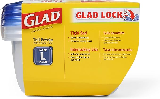 Glad GladWare Tall Entree Food Storage Containers with Lids, Large Square BPA Free Plastic for Meal Prep and Lunches, Lock Tight Seal, Microwave and Dishwasher Safe, 42 Oz, 3 Count