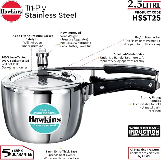 Hawkins 2.5 Litre Triply Stainless Steel Pressure Cooker, Inner Lid Cooker, Silver (HSST25)