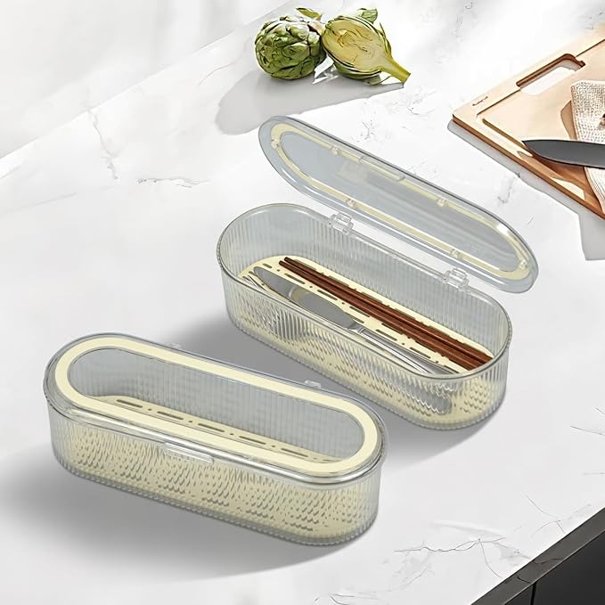 Flatware Tray with Lid,Silverware Tray Kitchen Cutlery Tray and Utensil Storage Container for Flatware and Silverware (Transparent Ripple)