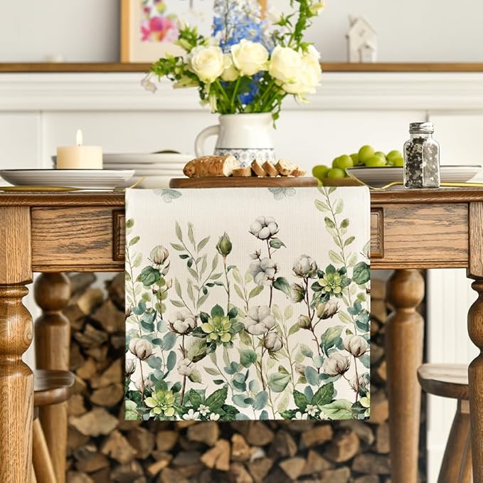 Artoid Mode Cotton Plant Leaf Butterfly 210 GSM Spring Table Runner, Seasonal Summer Kitchen Dining Table Decoration for Home Party Decor 13x72 Inch