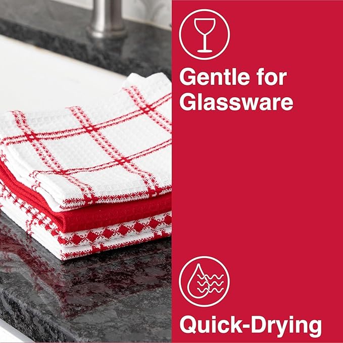 T-Fal Premium Waffle Dish Cloths: Highly Absorbent, Super Soft Long Lasting - 100% Cotton, 12"x13" Towel for Cleaning & Drying, (4-Pack), Red
