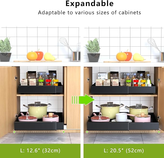 Mlinavn Pull Out Cabinet Organizer 21" Deep Expandable Slide Out Drawer Organizers,No Drill Roll Out Drawers Adhesive with Nano Compatible Framed Cabinets Shelves for Kitchen Pantry Adjustable Width