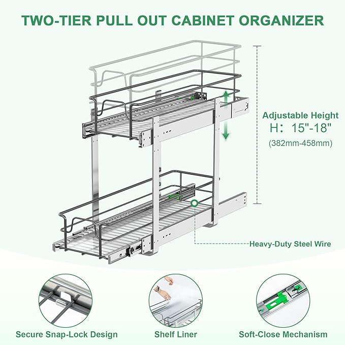 2-Tier Pull Out Cabinet Organizer (8" W x 22" D), Soft Close Cabinet Slide Out Shelves, Heavy Duty Slide Out Drawers with Shelf Liner for Kitchen Cabinets, Pantry Storage, Bathroom