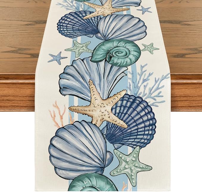 Artoid Mode Sea Shell Starfish Summer Table Runner, Seasonal Spring Ocean Kitchen Dining Table Decoration for Home Party Decor 13x60 Inch