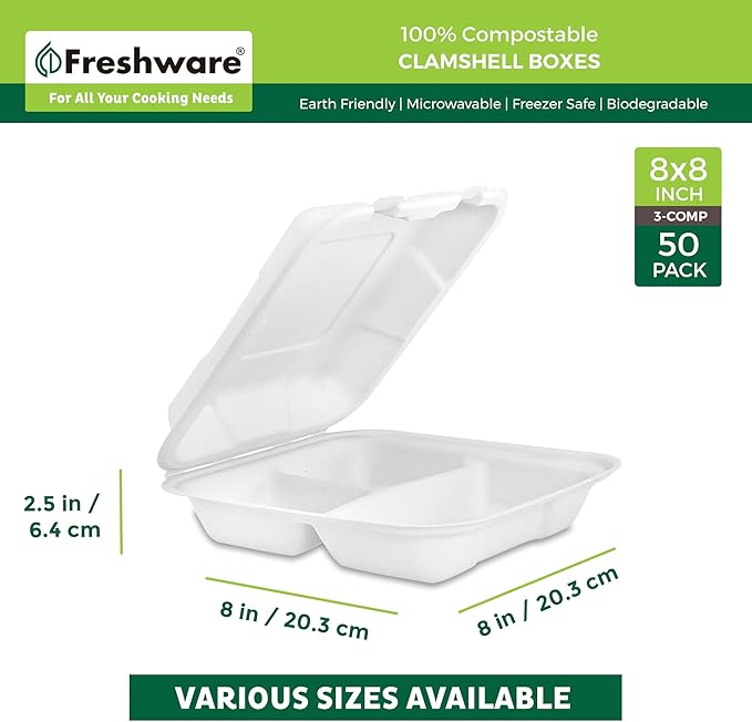 Freshware Compostable Clamshell Food Containers [8x8"] 3-Compartment 50-Pack, Disposable Containers, Biodegradable Sugarcane To Go Boxes - Paper Food Containers - Microwave & Freezer Safe, Stackable
