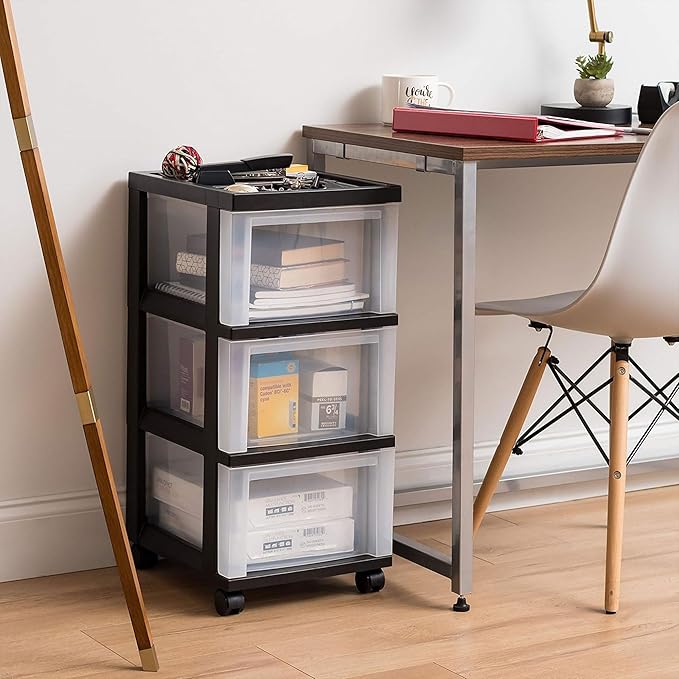 IRIS USA Plastic Drawer Storage Organizer Rolling Cart, with Wheels Casters, 3-Drawers, for Classroom Art Craft Supplies Dresser Closet Bathroom Laundry Room, Black/Clear