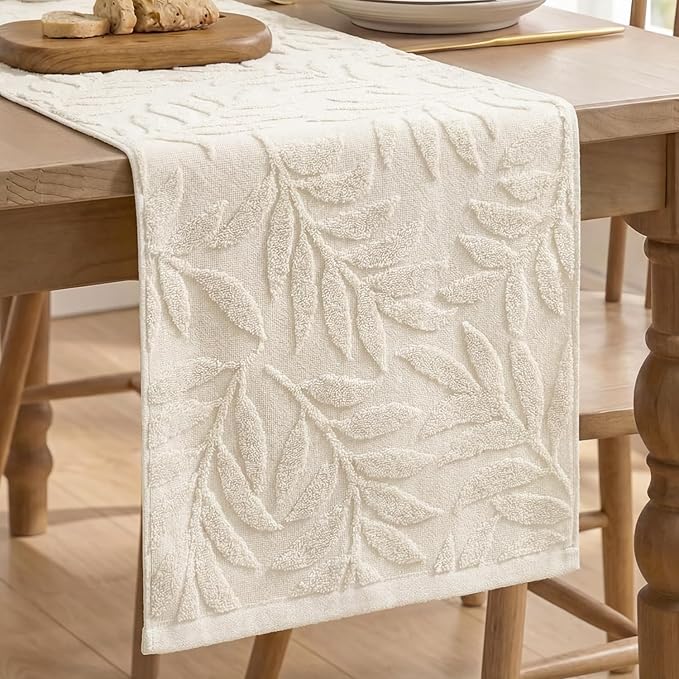 Artoid Mode Beige Soft Cotton Jacquard Leaves Spring Table Runner, Holiday Kitchen Dining Table Decoration for Home Party Decor 13x72 Inch