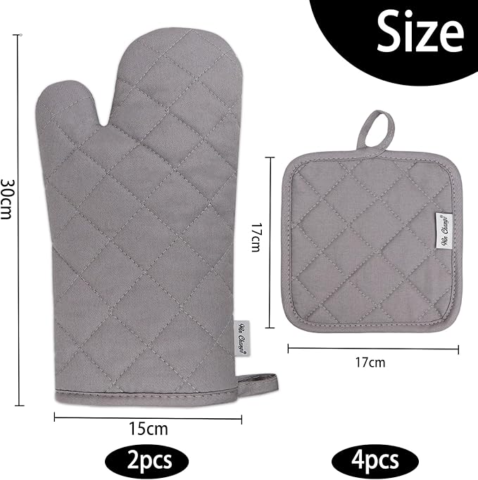 Oven Mitts and Pot Holders Sets,6 Pcs Oven Mitts and Potholders with Recycled Cotton High Heat Resistant Extra Thick Long Oven Mitts for Cooking(Gray)