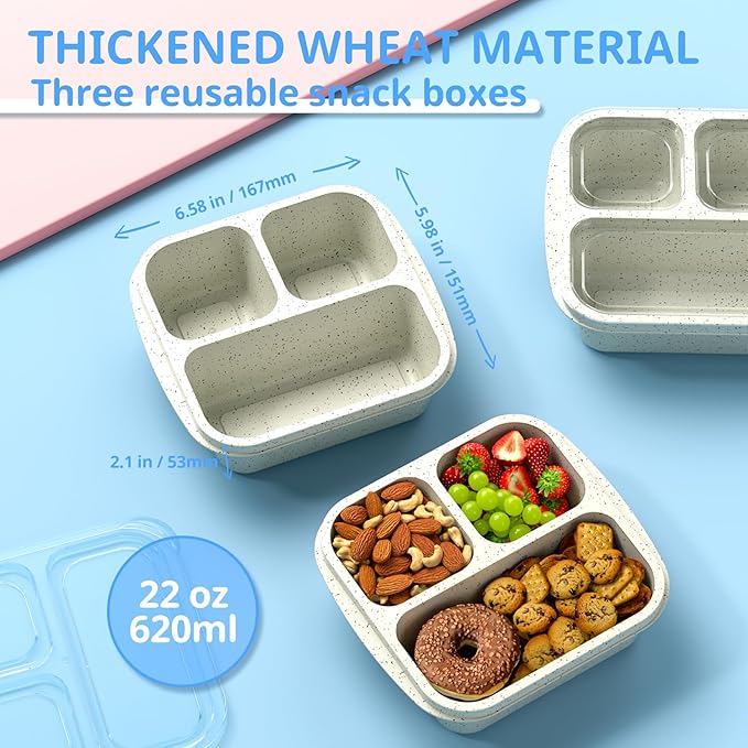 Snack Boxes (3 Pack) - Stackable Bento Boxes with 3 Compartments, Meal Prep Containers Reusable, Lightweight Lunch Containers for Kids and Adults, BPA Free (Off White)