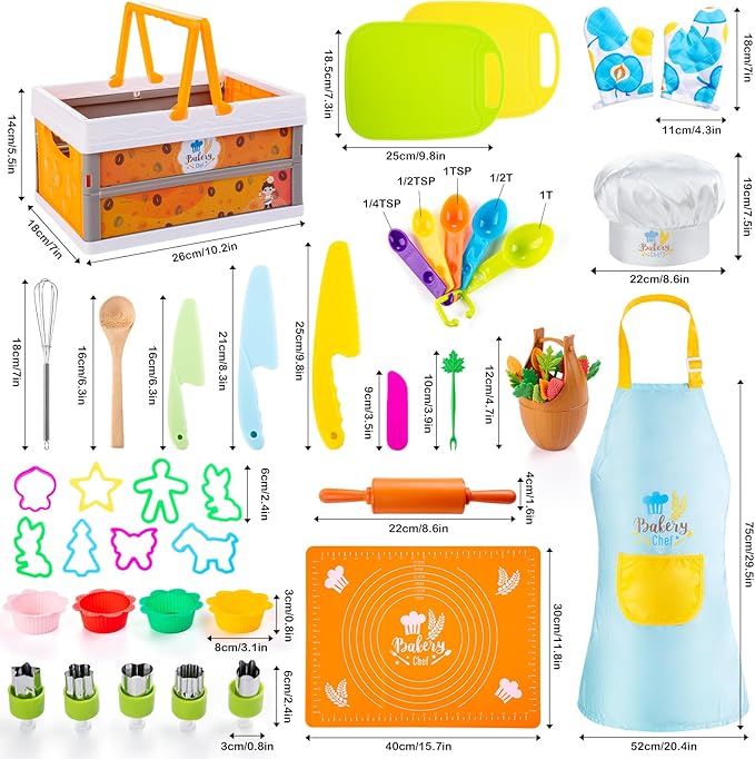EFO SHM 52 PCS Kids Cooking Sets, Montessori Pretend Play Kitchen Toys for Real Cooking Baking, Toddler Knife Set with Chef Hat & Apron, Kids Baking Set for Boys Girls Christmas Birthday Gift