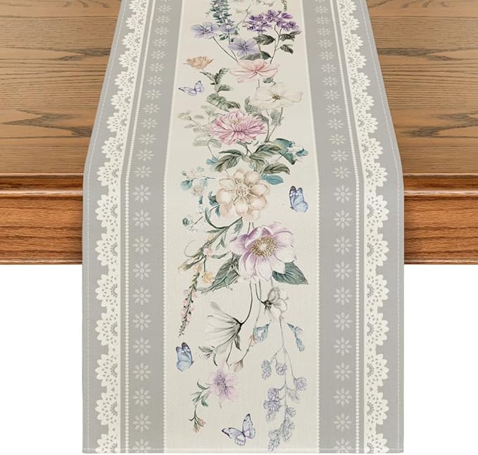 Artoid Mode Printed Lace Floral 210 GSM Spring Table Runner, Seasonal Summer Kitchen Dining Table Decoration for Home Party Decor 13x72 Inch